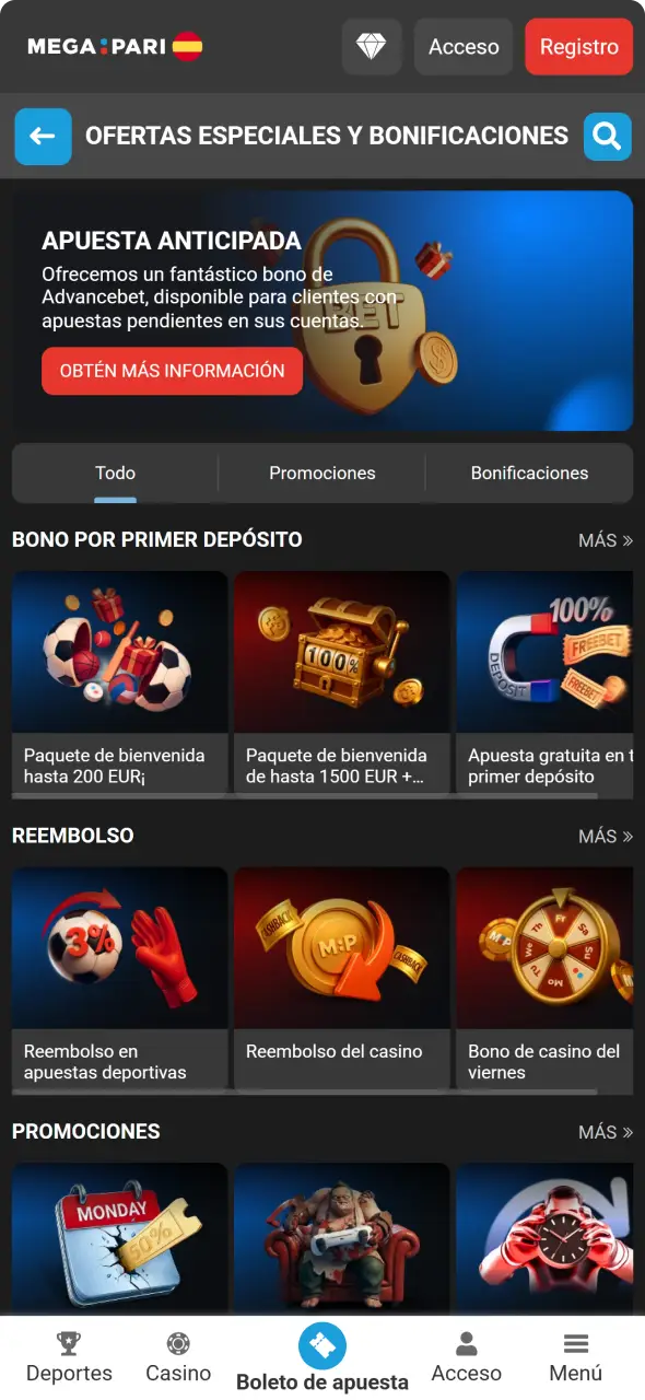 Descubre las ofertas y promociones en la interfaz de la app MegaPari para usuarios.
