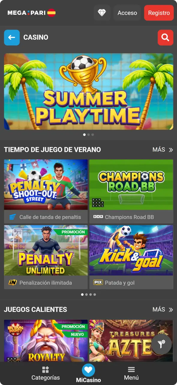 Explora la seccion de casino en la interfaz de la app MegaPari para jugar.