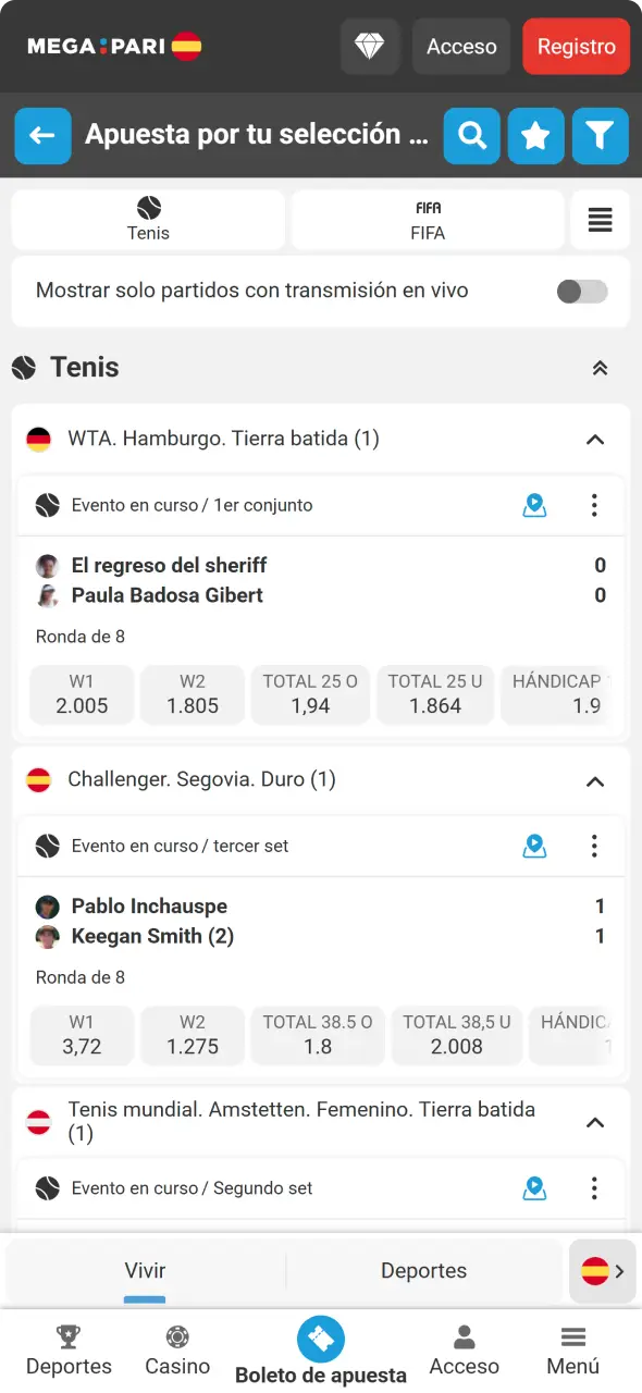 Revisa las apuestas deportivas en la interfaz de la app MegaPari en vivo.