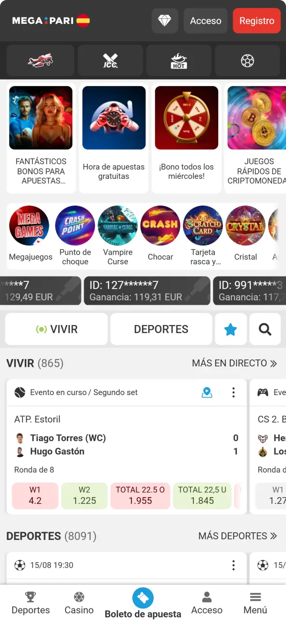 Visualiza la interfaz de la app MegaPari en la pantalla de inicio principal.