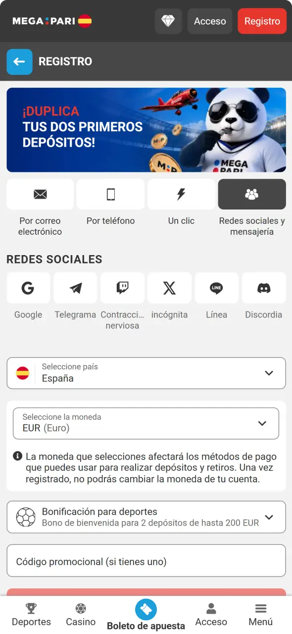 Mira como registrarte en la interfaz de la app MegaPari desde tu movil.
