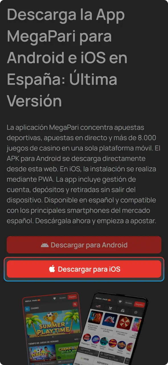 Abre esta web en Safari para descargar e instalar la app MegaPari para iOS.