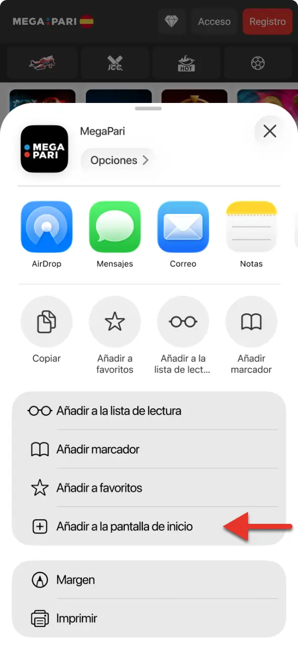 Anade a la pantalla de inicio tras descargar e instalar la app MegaPari para iOS.