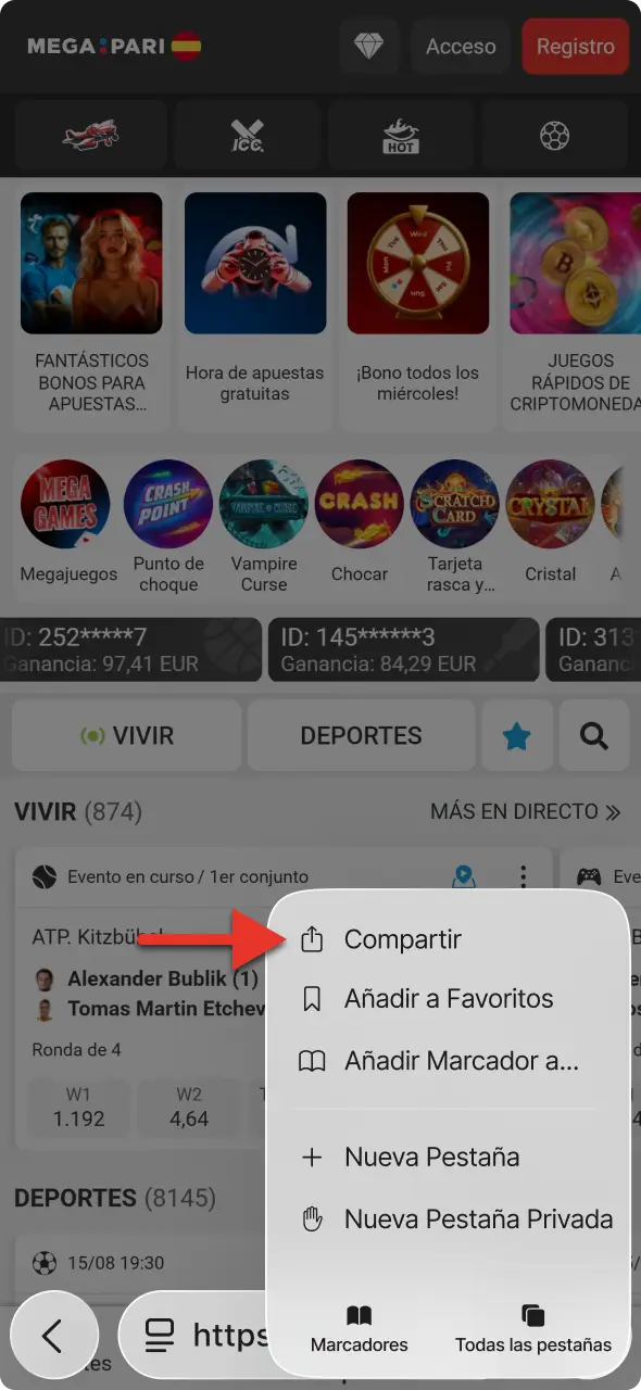 Pulsa el boton de compartir al descargar e instalar la app MegaPari para iOS.