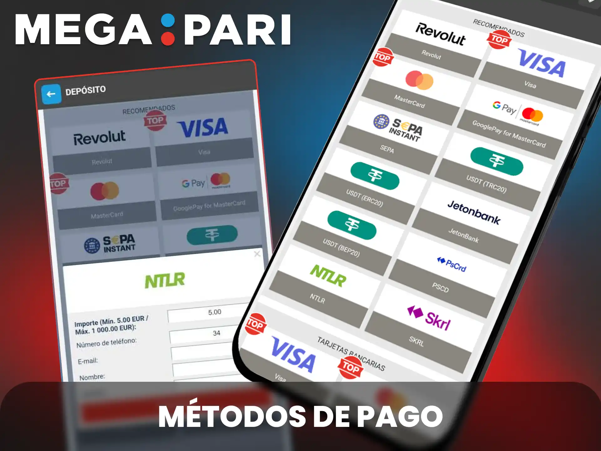 Consulta los metodos de pago para usuarios en Espana de MegaPari y recarga dinero.