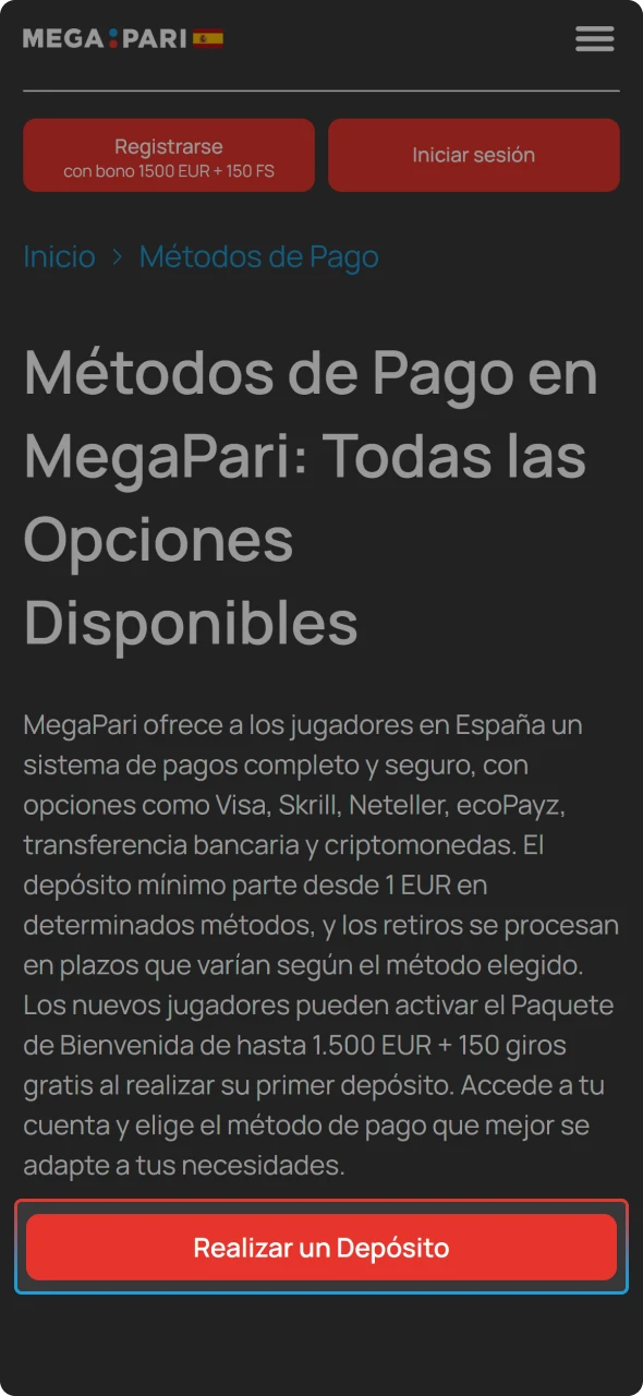 Descarga la app o accede desde el navegador para aprender cómo depositar a través de la app de MegaPari.