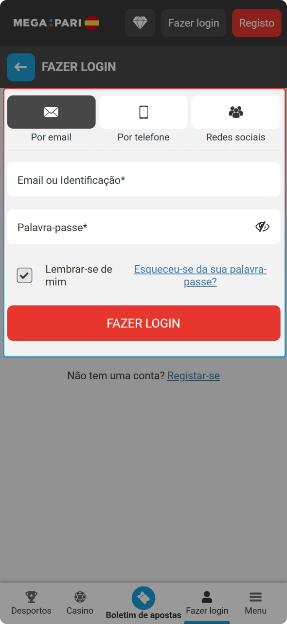 Inicia sesión en tu cuenta dentro del proceso para saber cómo depositar a través de la app de MegaPari.