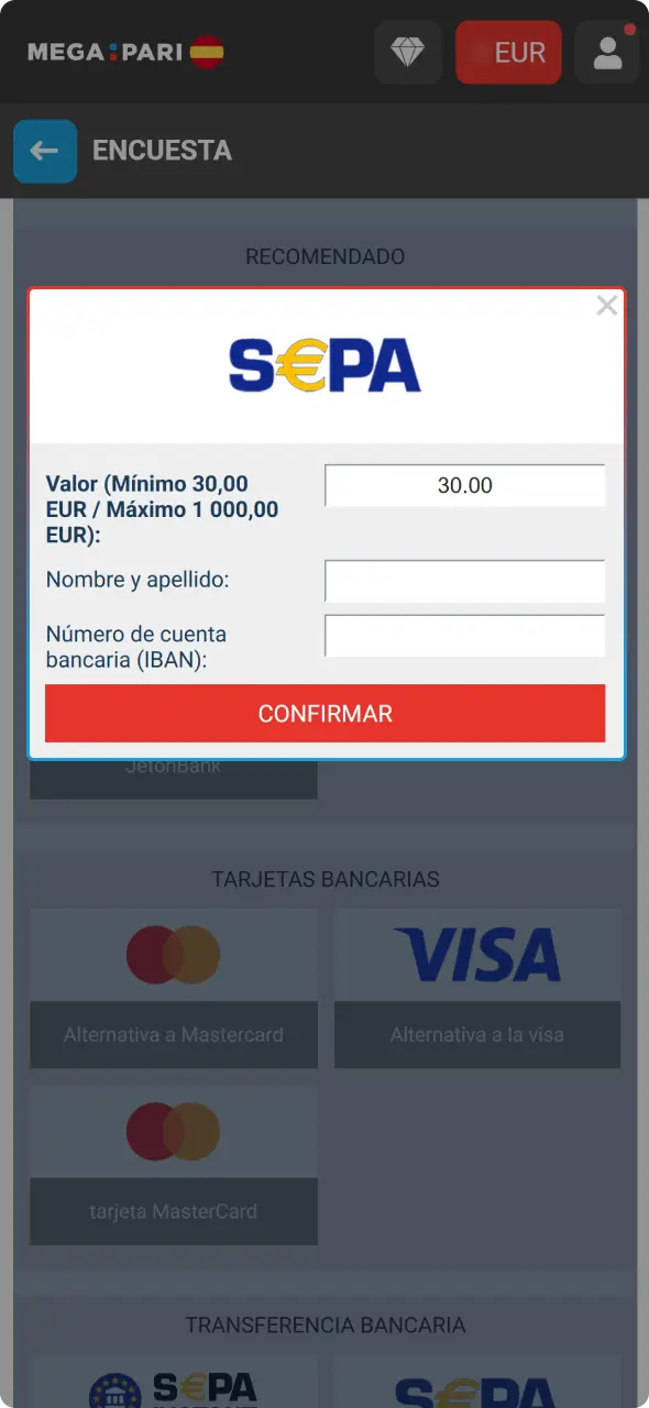 Introduce el importe a retirar siguiendo los pasos sobre cómo realizar un retiro en MegaPari.
