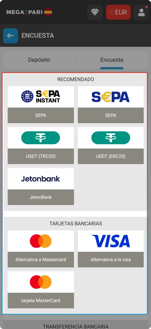 Selecciona el método de retiro como paso clave de cómo realizar un retiro en MegaPari.