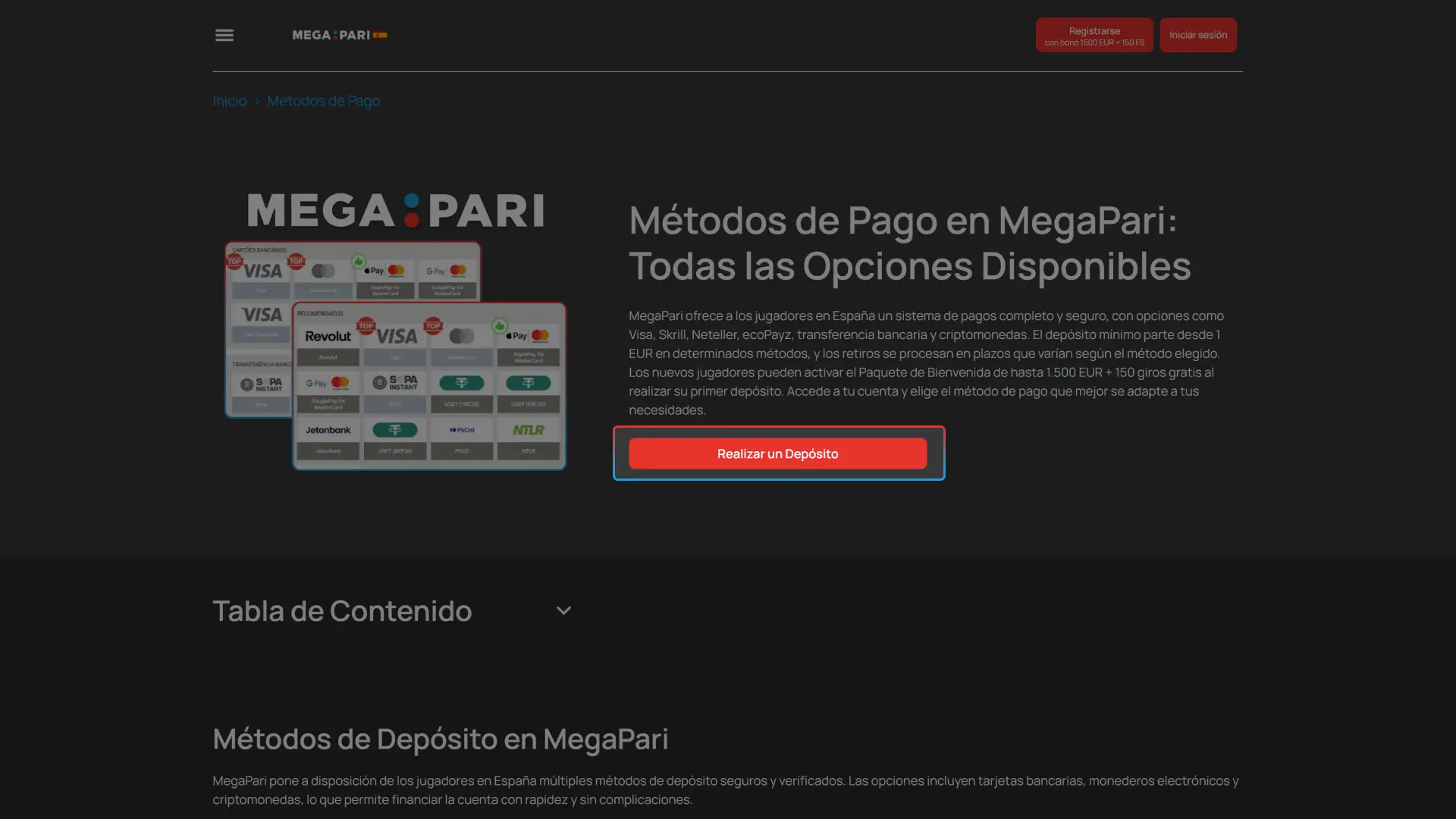Accede a la página de depósito siguiendo la guía de depósito en MegaPari paso a paso.