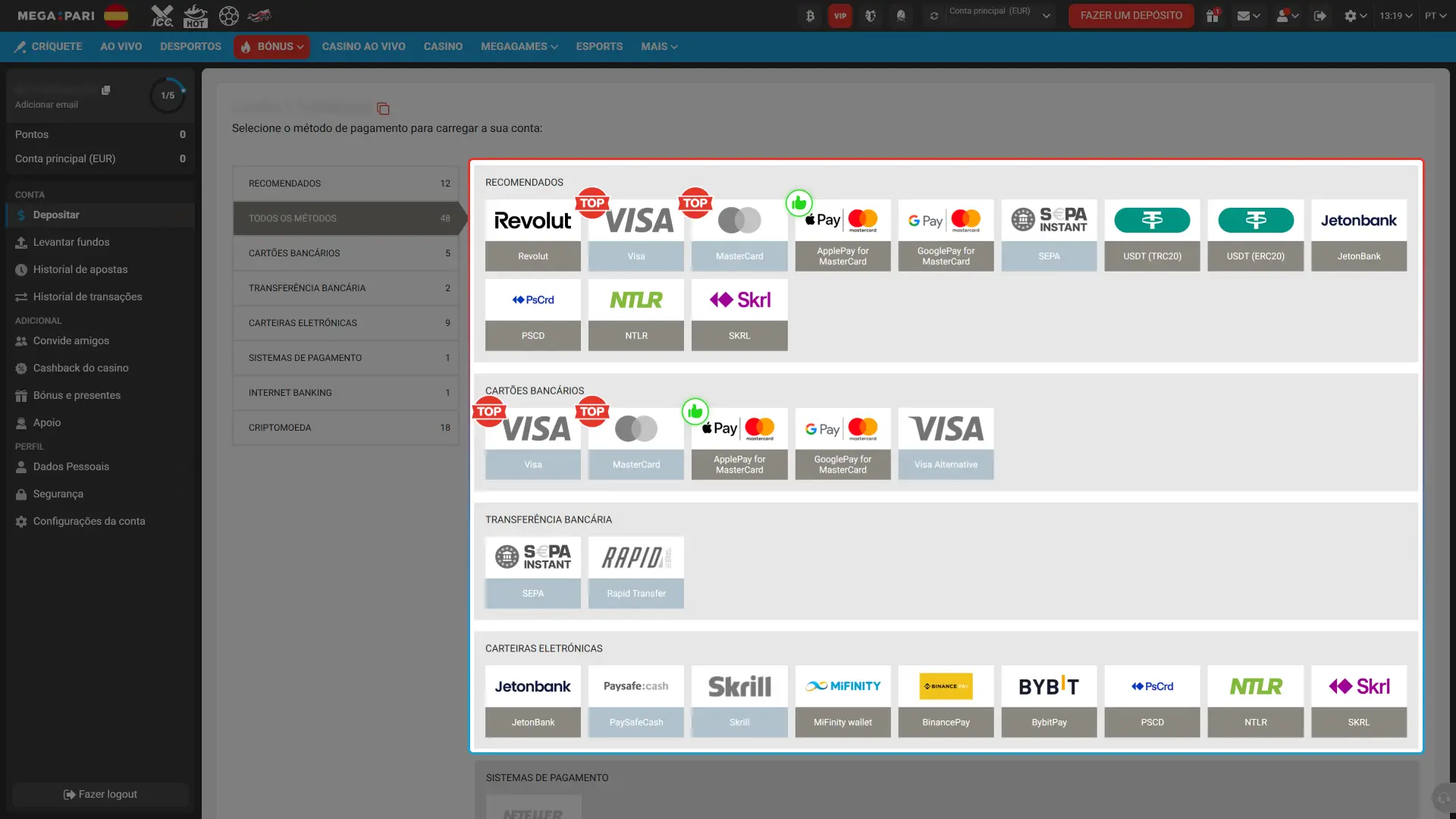 Selecciona un método de pago en la guía de depósito en MegaPari paso a paso.