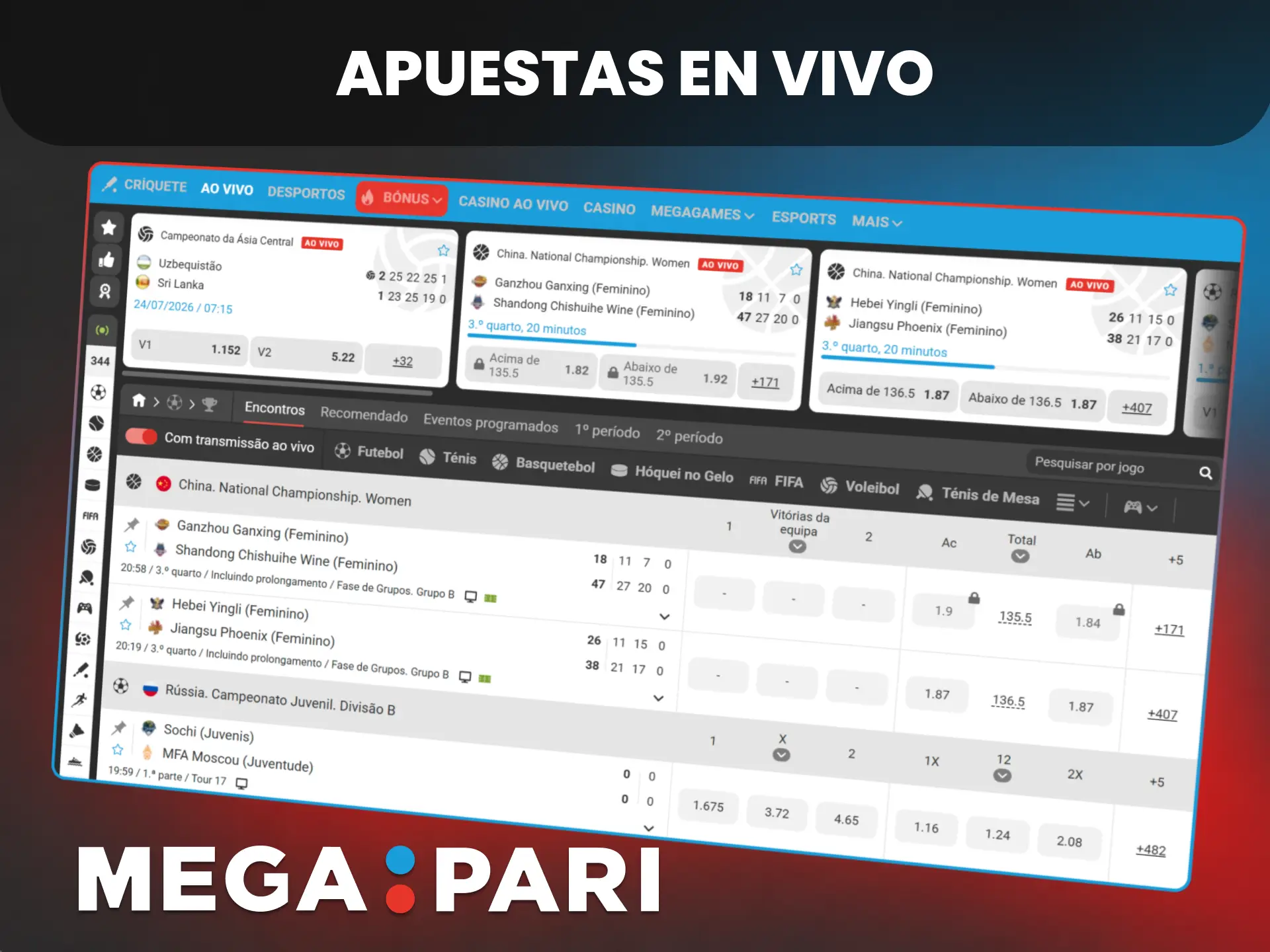 Haz tus apuestas en vivo en MegaPari y siente la emocion en directo.
