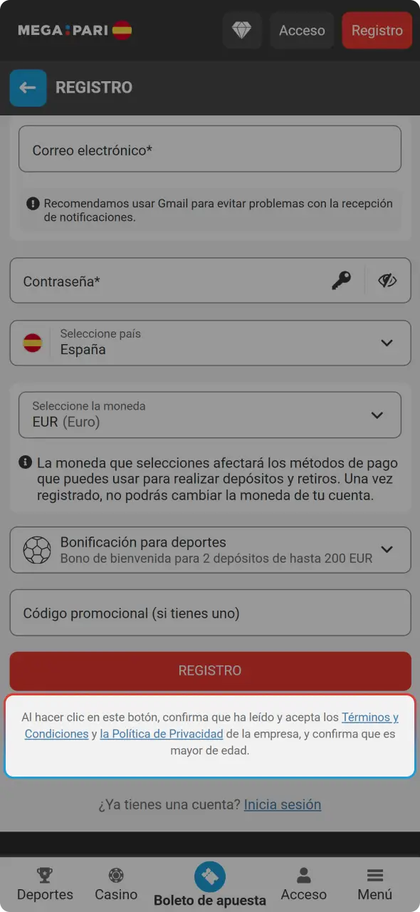 Acepta los terminos y condiciones dentro de los pasos para registrarse en MegaPari.