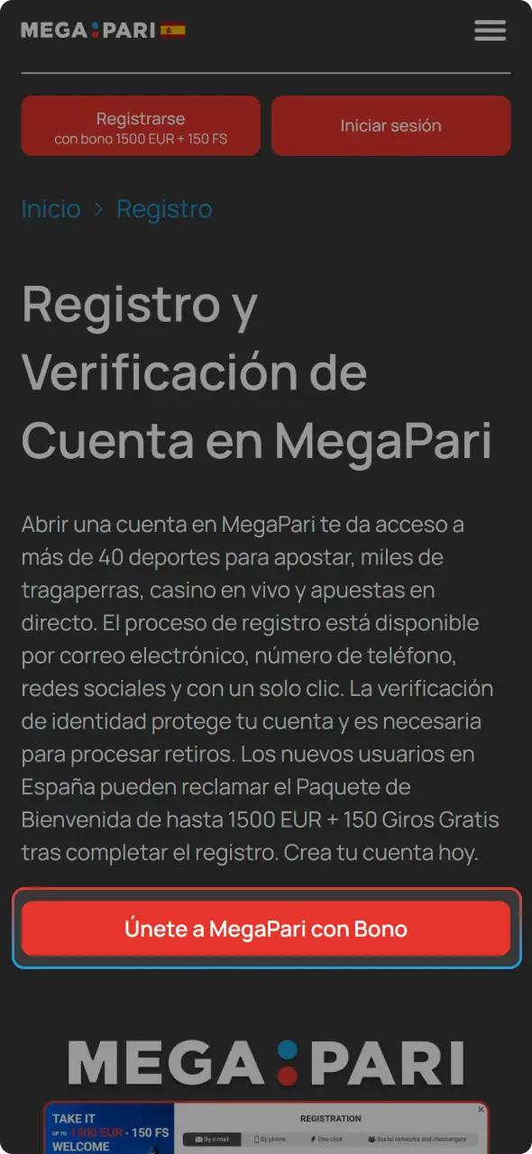 Sigue los pasos y haz clic en registrarse en MegaPari para abrir tu cuenta.