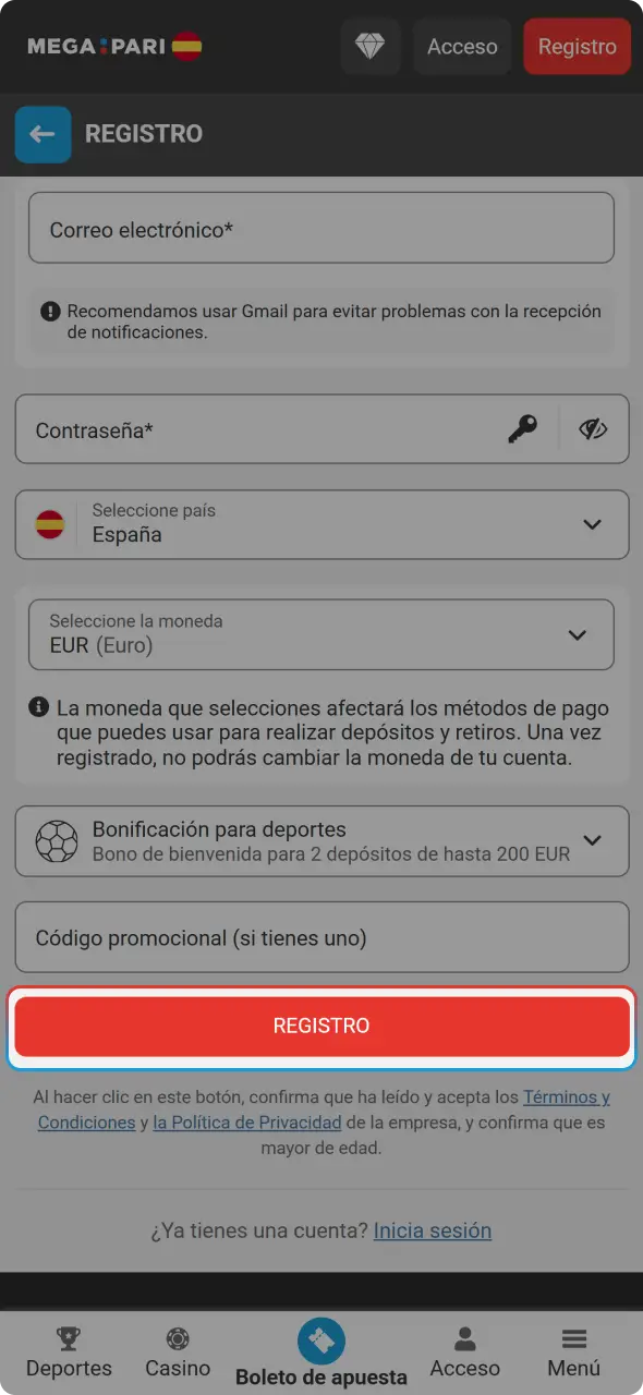 Confirma tu cuenta para completar los pasos para registrarse en MegaPari ahora mismo.