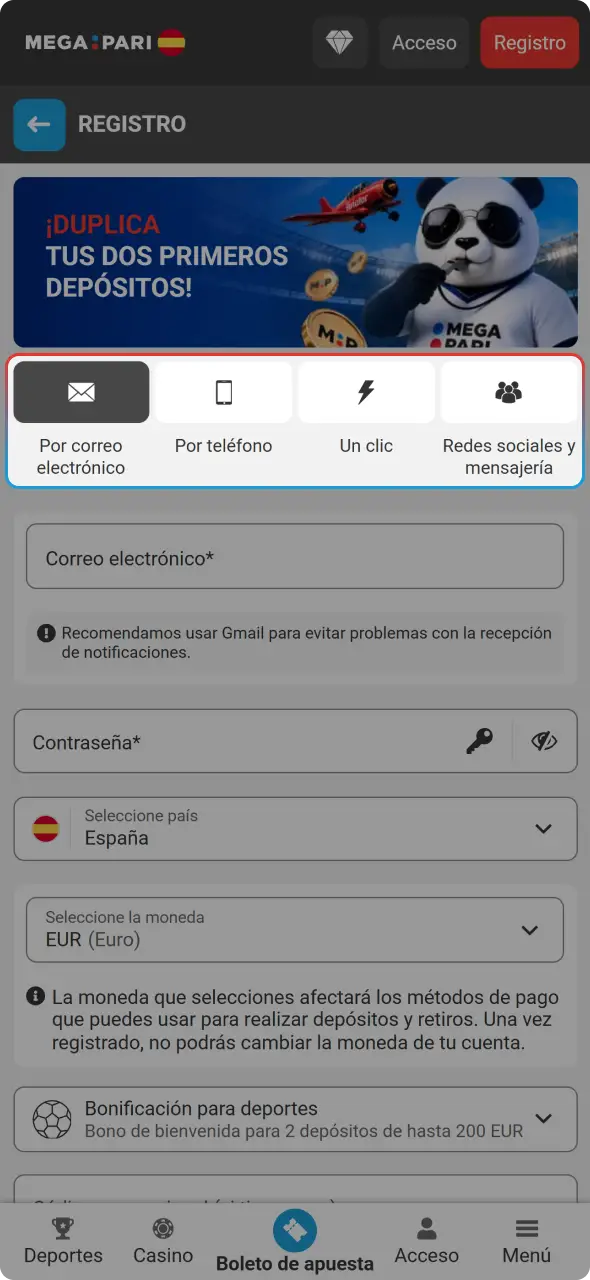 Elige tu metodo entre los pasos para registrarse en MegaPari facilmente.