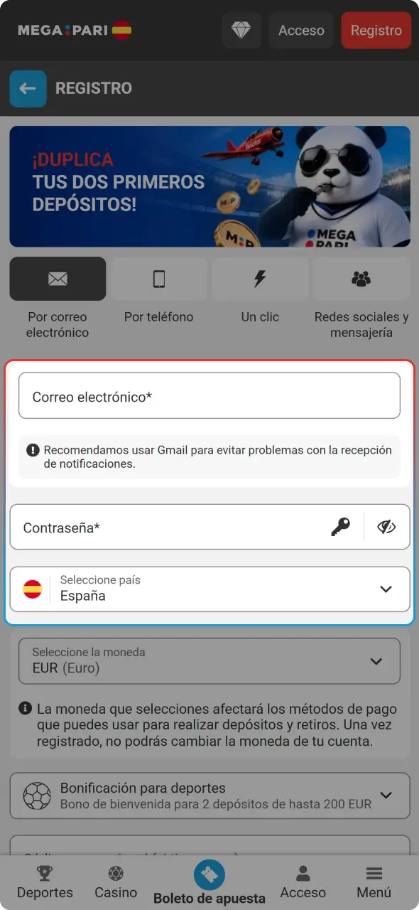 Introduce tus datos como uno de los pasos para registrarse en MegaPari hoy.