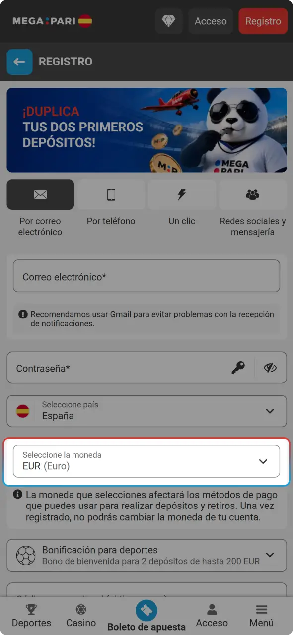 Selecciona tu moneda siguiendo los pasos para registrarse en MegaPari sin demora.